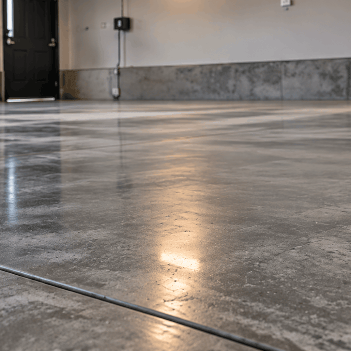 Polished concrete garage floor with visible control joints inside a clean, empty workshop.