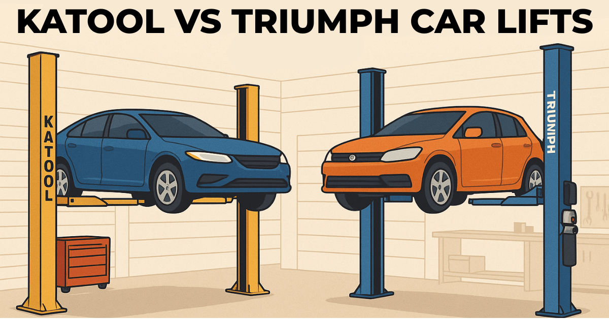 Side by side illustration comparing Katool car lift and Triumph car lift for home garage use