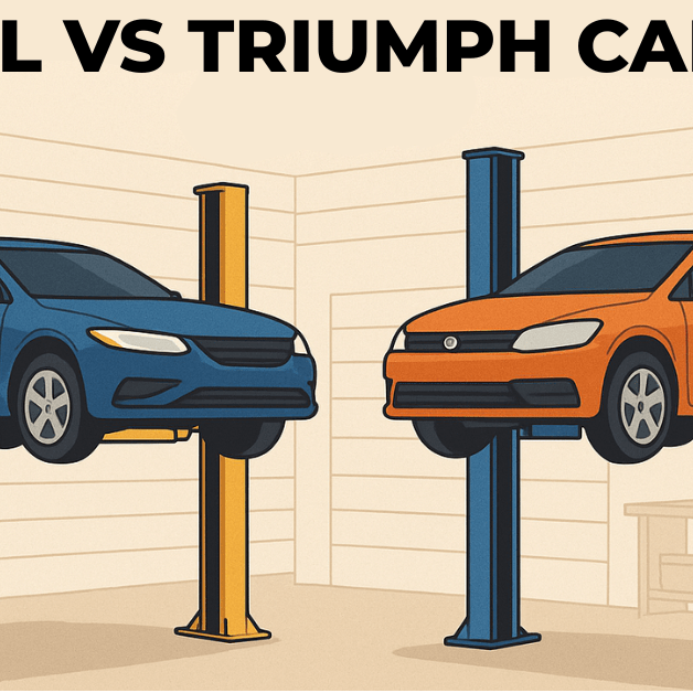 Side by side illustration comparing Katool car lift and Triumph car lift for home garage use