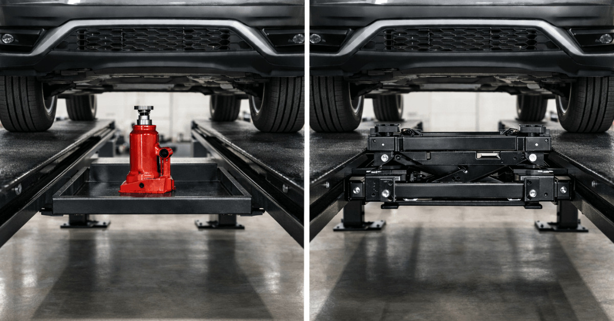 Split image comparing a bottle jack on a jack tray vs a rolling bridge jack between the runways of a four post car lift