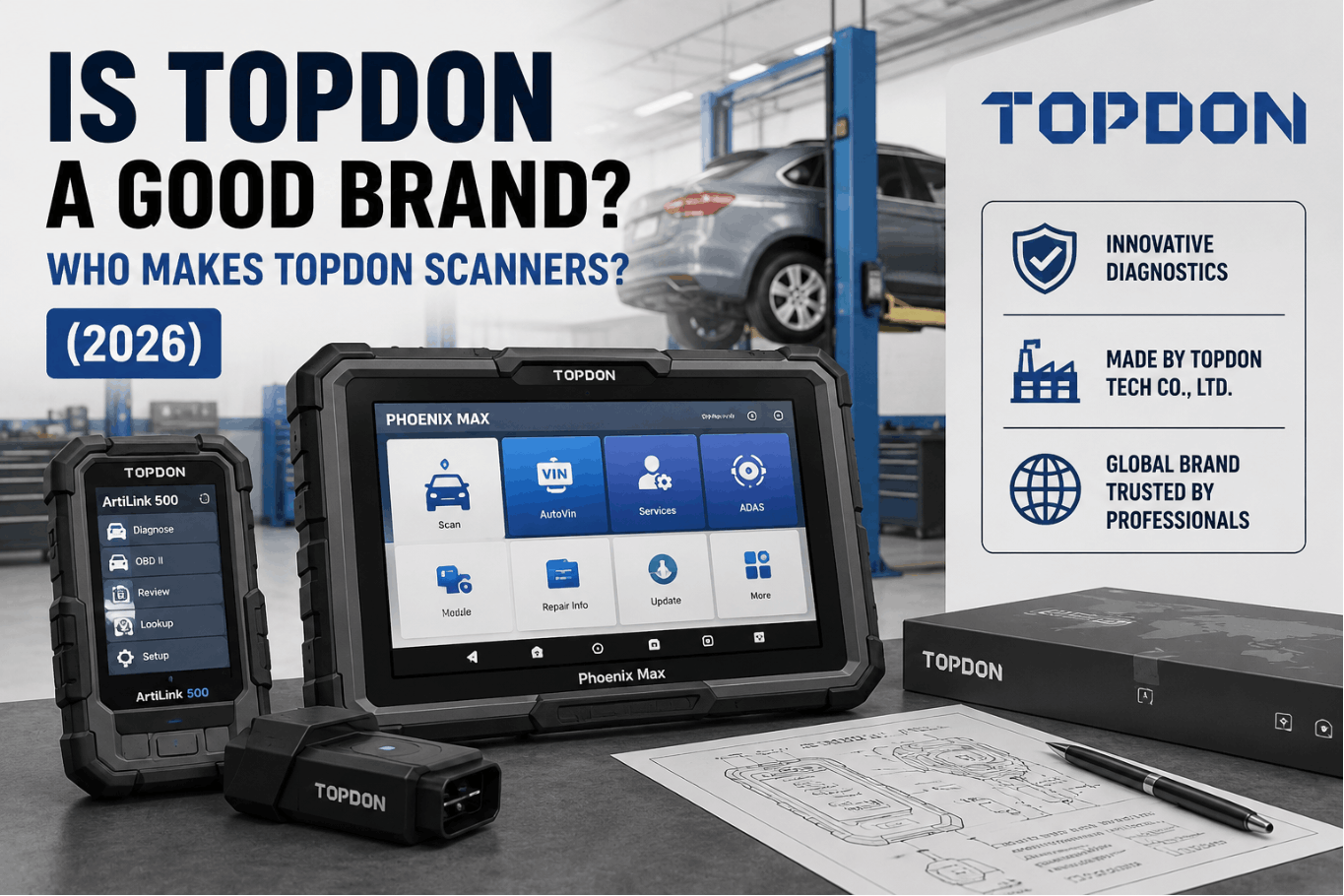 TOPDON Phoenix Max and ArtiLink 500 automotive diagnostic scanners displayed in a professional repair shop.