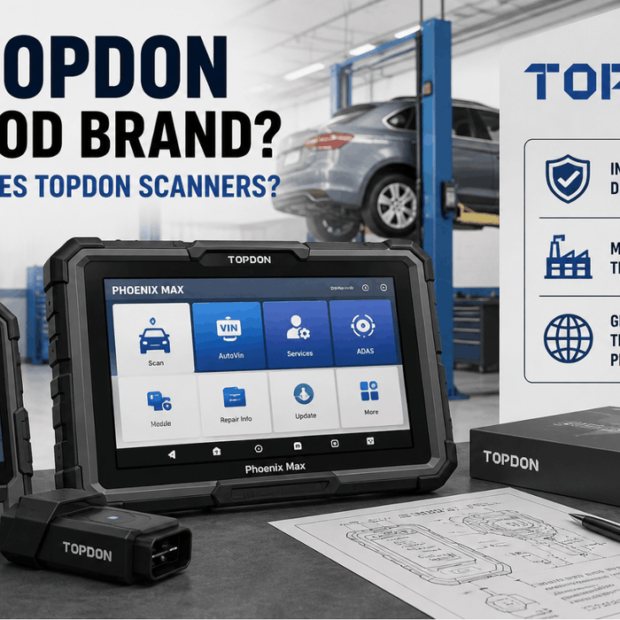 TOPDON Phoenix Max and ArtiLink 500 automotive diagnostic scanners displayed in a professional repair shop.