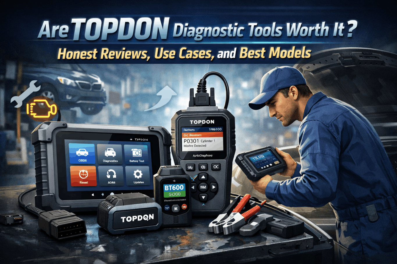 TOPDON scanner tools lineup on a workbench with a technician running vehicle diagnostics under the hood
