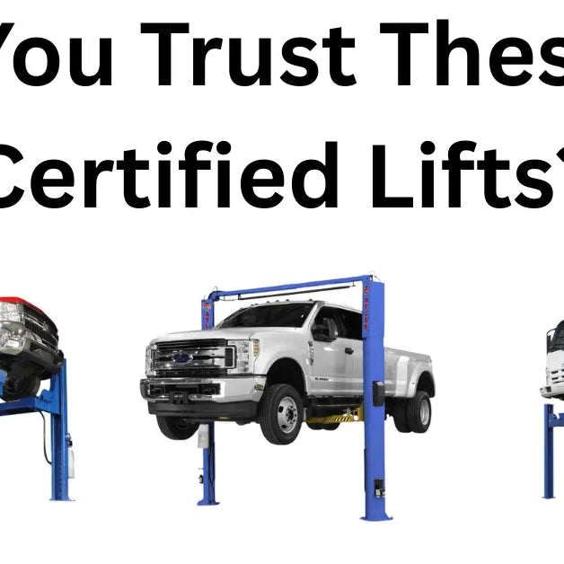 Three ALI certified vehicle lifts raising a red pickup, white truck, and box truck, with text asking 'Can You Trust These ALI Certified Lifts