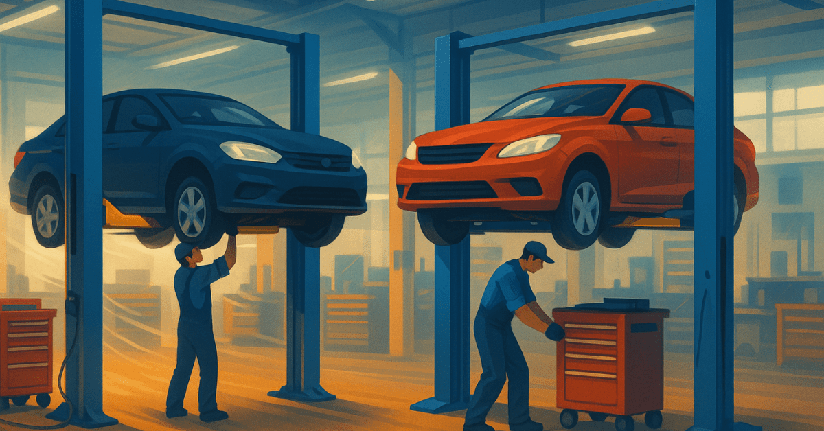 Two cars on 2 post car lifts in a busy auto repair shop with technicians working