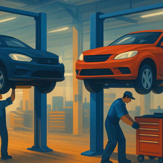 Two cars on 2 post car lifts in a busy auto repair shop with technicians working