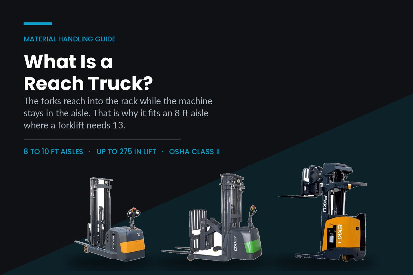 Reach truck guide showing three Ekko narrow aisle reach trucks with aisle width and lift height