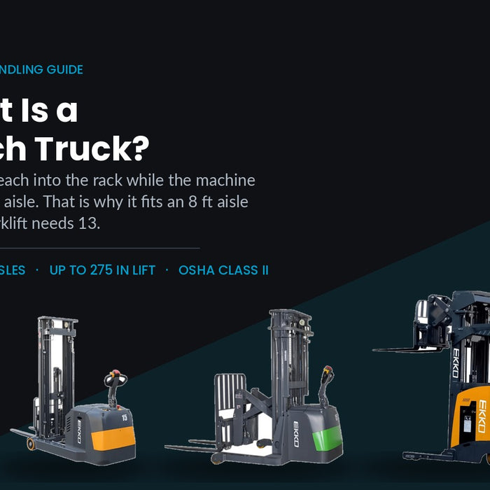Reach truck guide showing three Ekko narrow aisle reach trucks with aisle width and lift height
