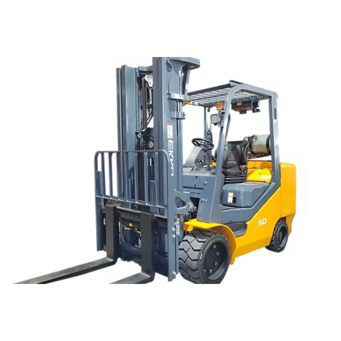 10,000 lb LPG forklift EK50LP by Ekko, shown from the front left with reinforced carriage, solid tires, and operator safety cage