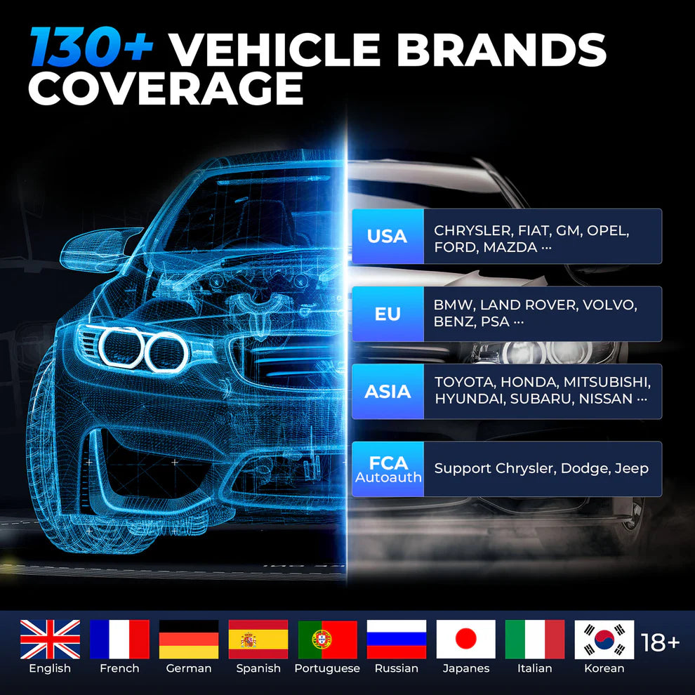 130+ vehicle brand coverage including USA, European, Asian, and FCA AutoAuth supported vehicles