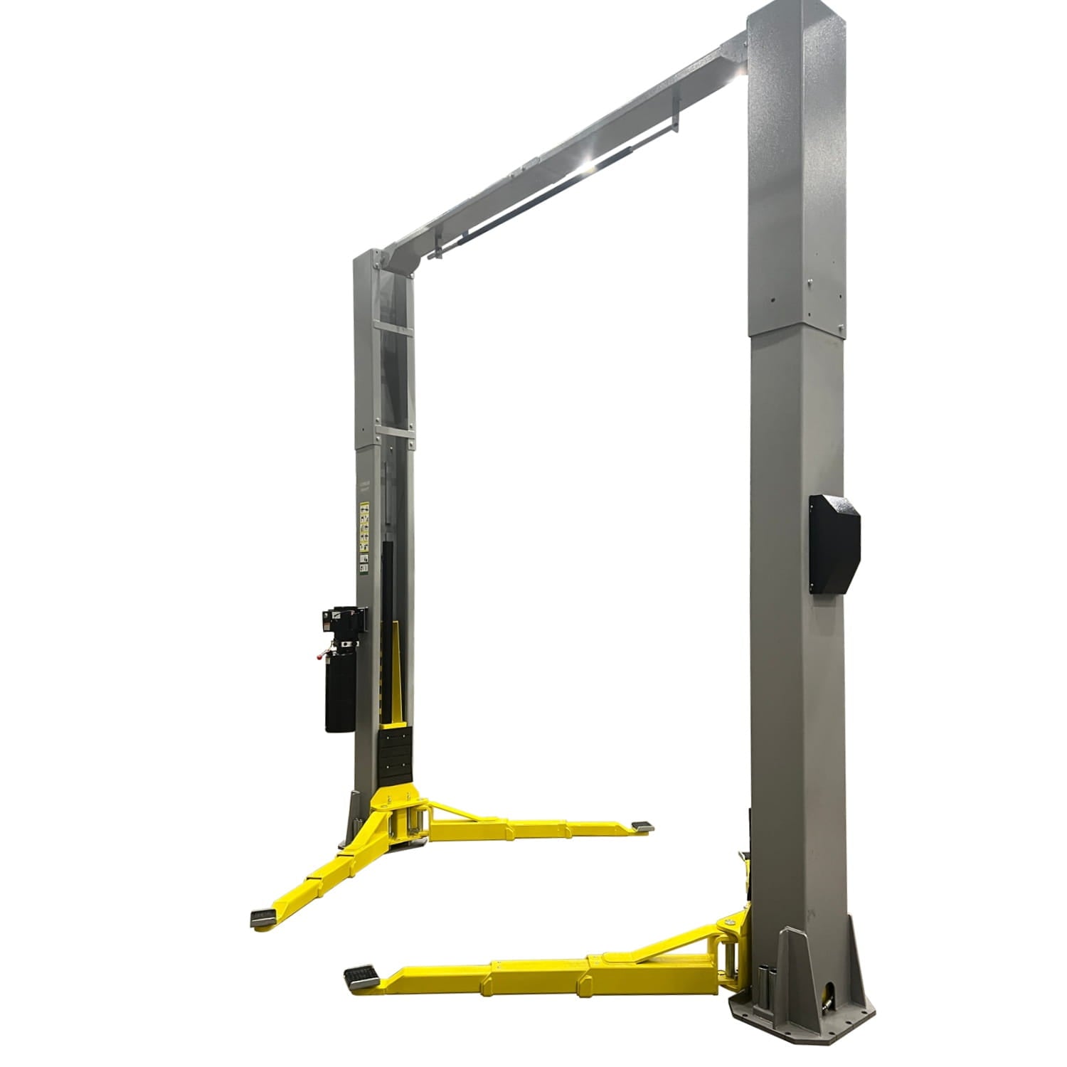 13,000 lb Triumph 2 post overhead auto lift NTO-13A front view showing adjustable lift arms and base plates