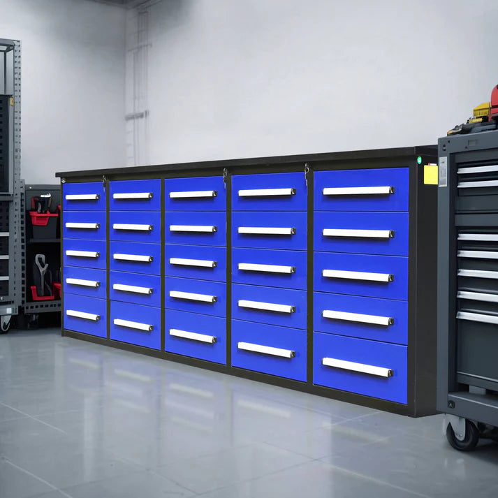 25-drawer Chery Industrial workbench cabinet used in commercial garage with heavy duty steel construction