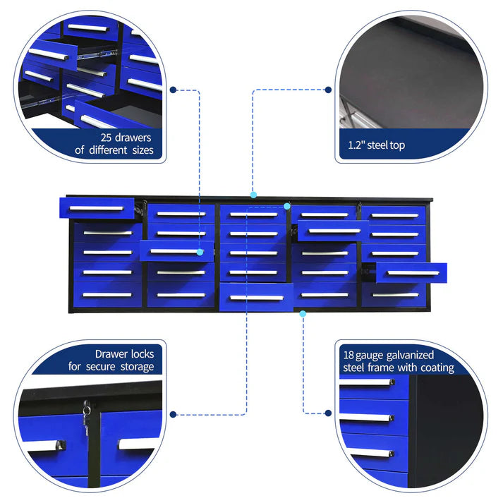 25 drawer Chery Industrial workbench with galvanized steel frame and locking drawers
