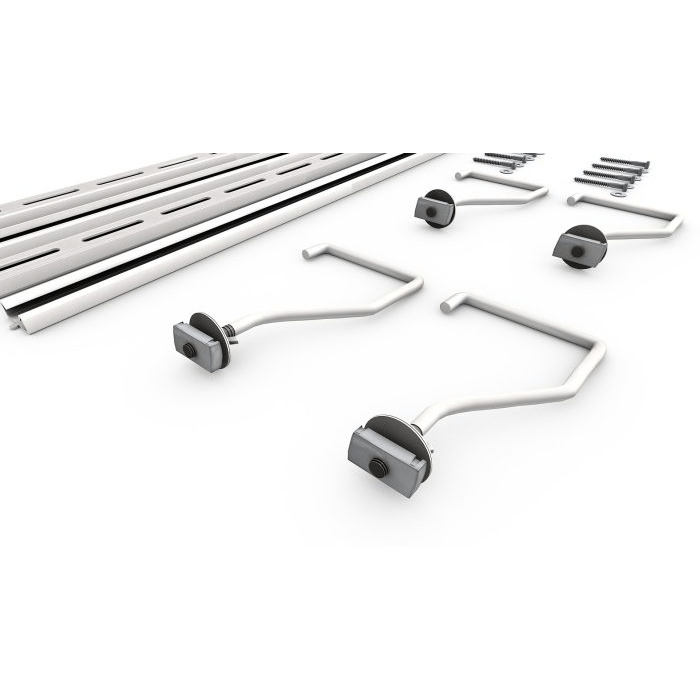 3d animated image of all the products included  with the Hook Kit by E-Z Garage. It includes hooks, screws, and mounting hardware. Front right side view