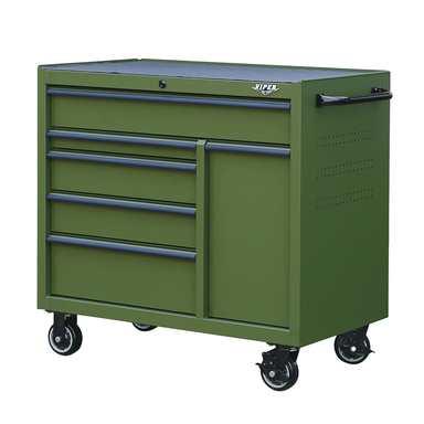 41 inch 6 drawer army green rolling cabinet with black handles and casters