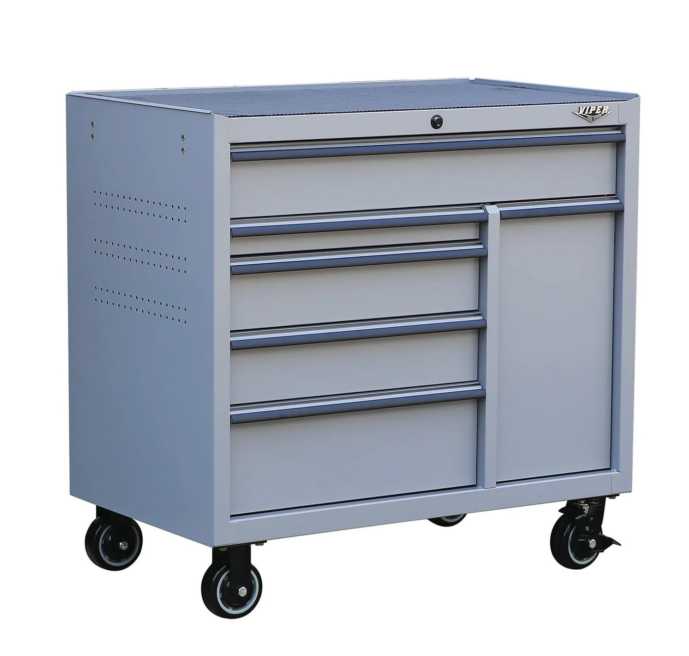 41 inch 6 drawer viper rolling cabinet in matte gray front angle view