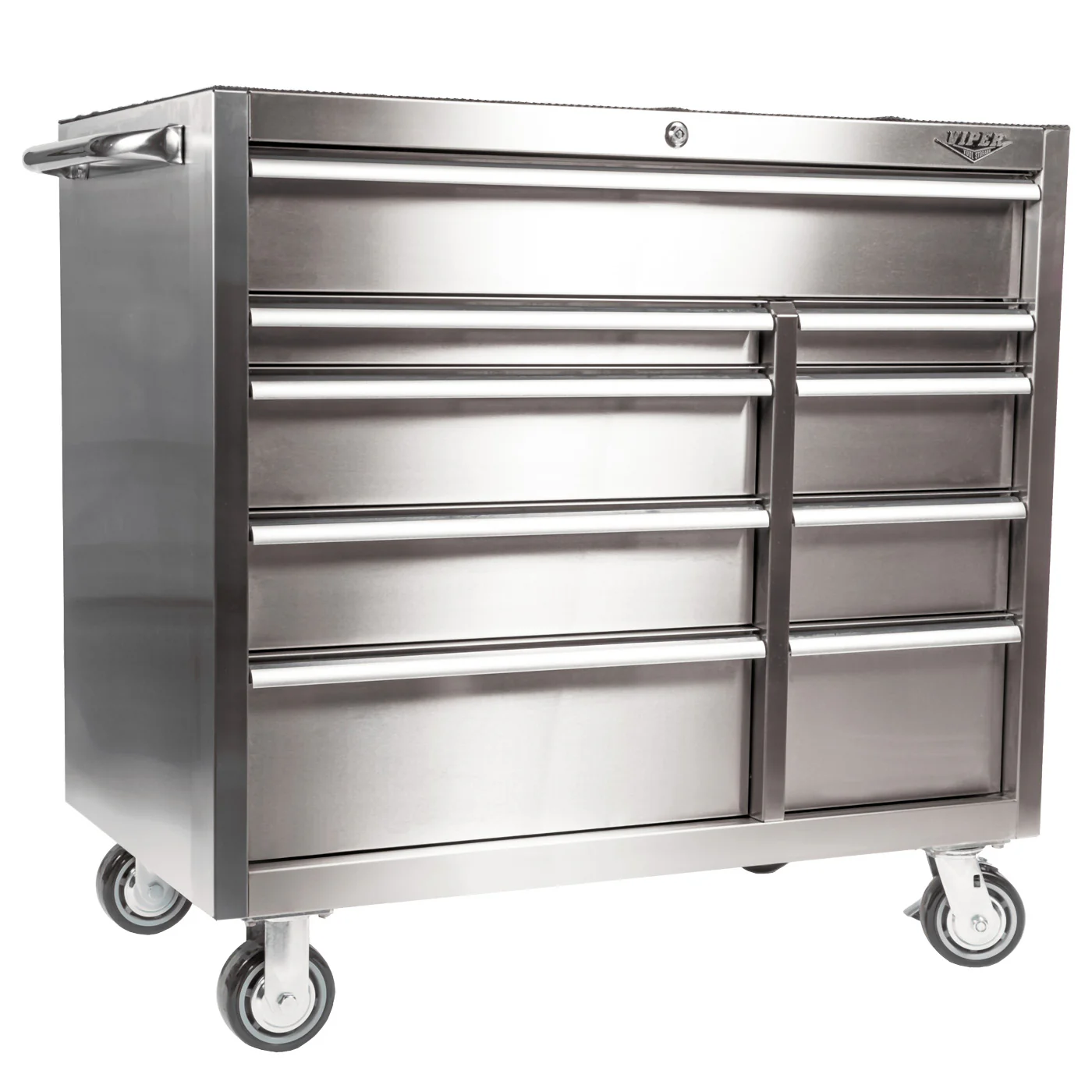41 inch 9 drawer stainless steel rolling cabinet angled side view