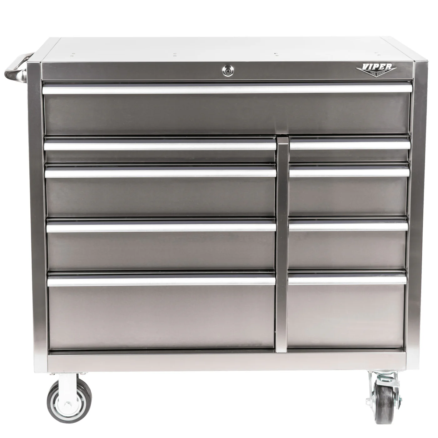 41 inch 9 drawer stainless steel rolling cabinet front view
