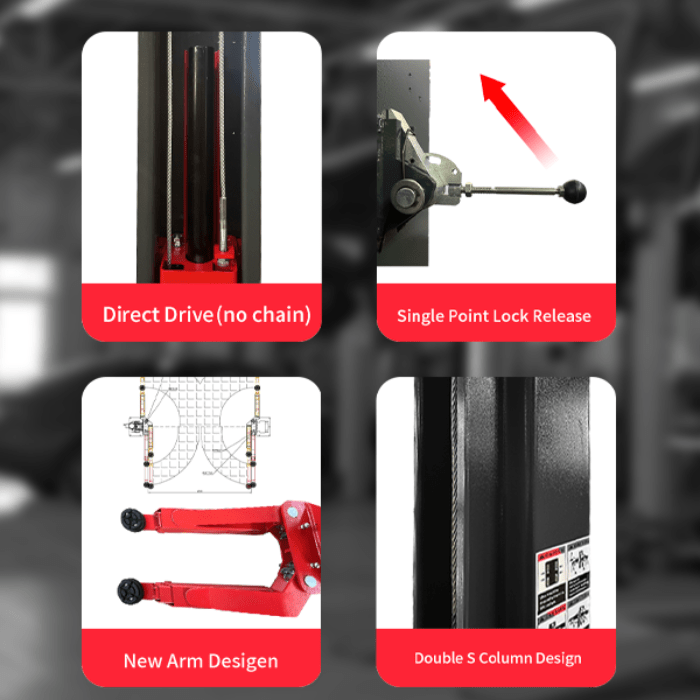 4 different angles of different parts on the Katool 11,000lb 2 Post Car Lift