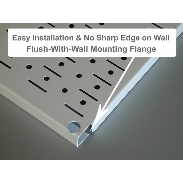 4ft Metal Pegboard Premium Storage Kit showing how there is no sharp edge on the wall mounting flange