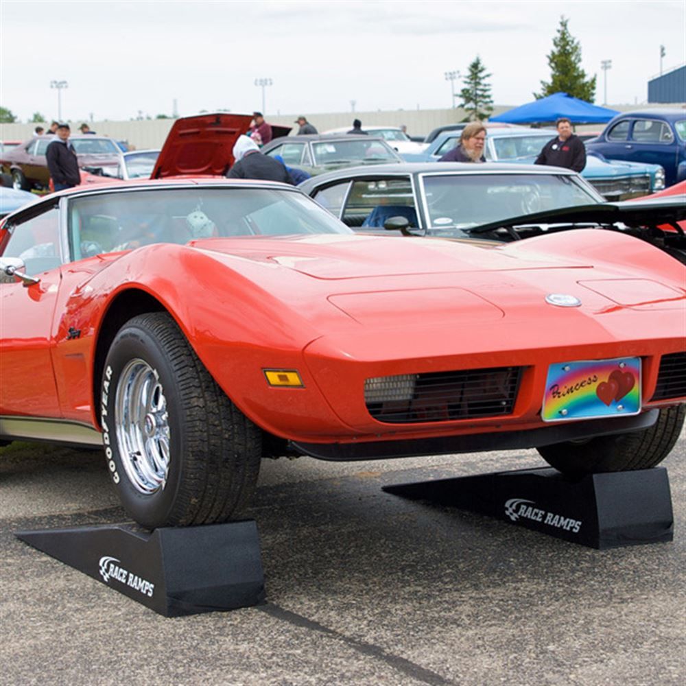 Corvette displayed on Race Ramps 56 inch ramps at a car show