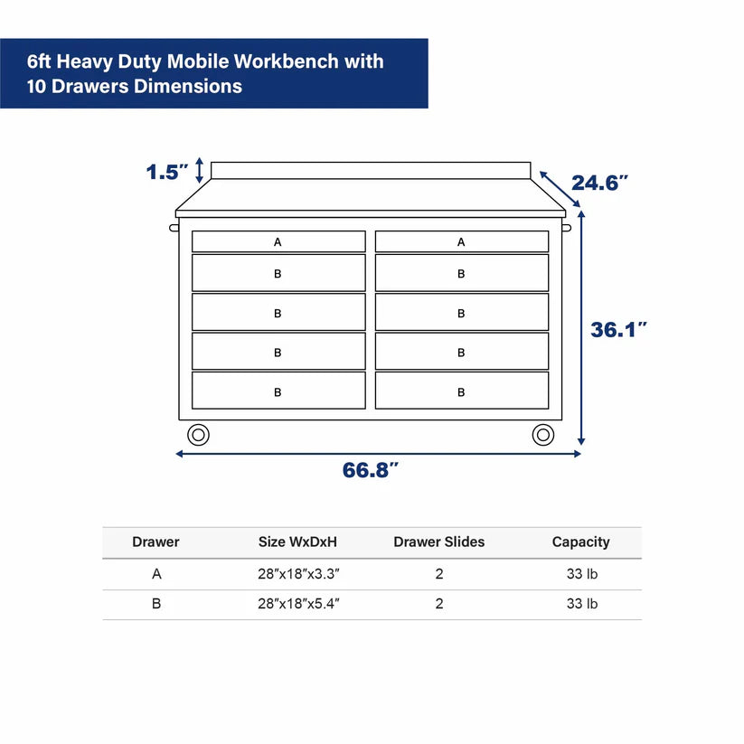 6ft heavy duty mobile workbench with 10 drawers dimension diagram from Chery Industrial