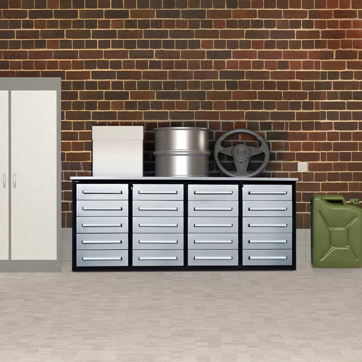 7 ft garage storage workbench cabinet installed in a garage workspace