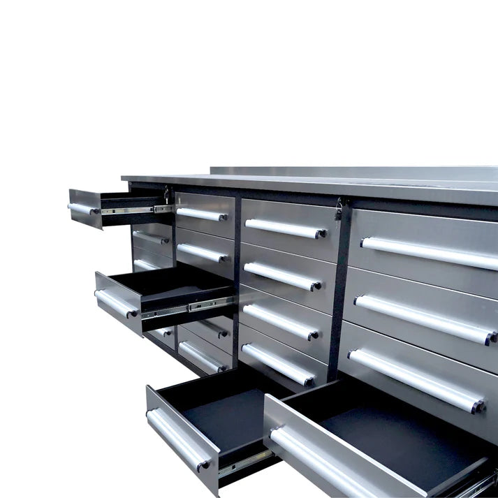 7 ft garage workbench cabinet showing smooth full extension drawers