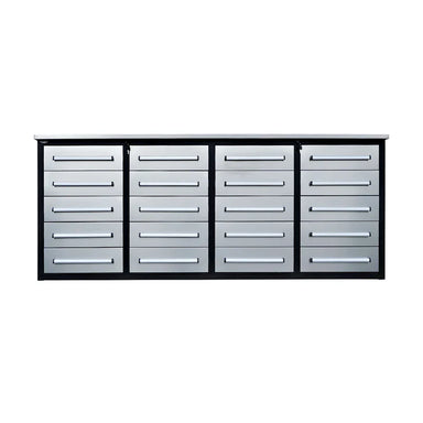 7 ft heavy duty garage workbench cabinet with 20 drawers in silver finish front view