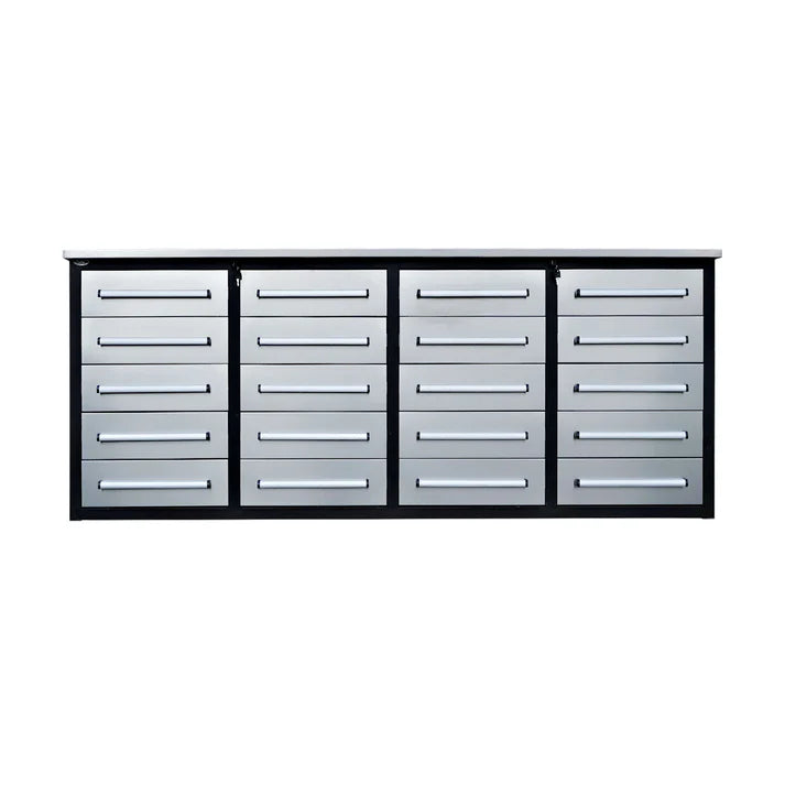 7 ft heavy duty garage workbench cabinet with 20 drawers in silver finish front view