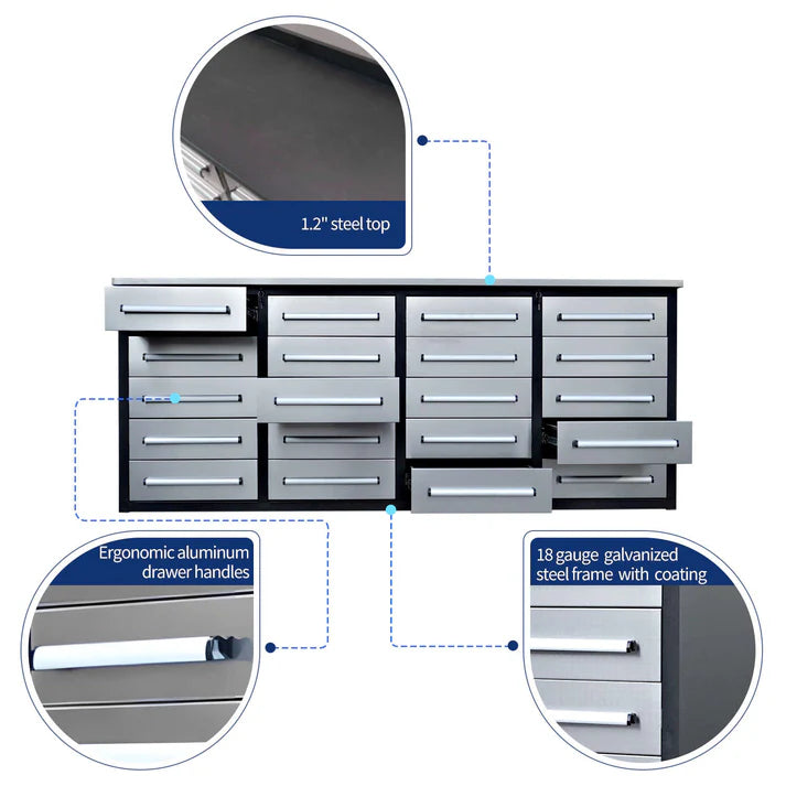 7 ft heavy duty workbench showing 20 drawers, locking system, ball-bearing slides, and precut liners