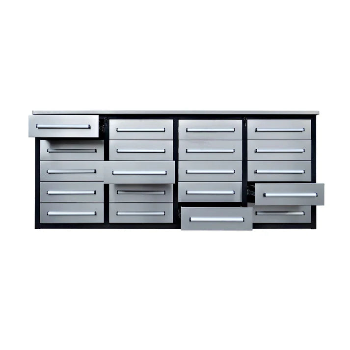 7 ft metal workbench cabinet with multiple drawers partially open