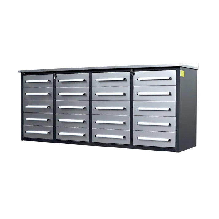 7 ft steel garage workbench cabinet with 20 drawers shown at angle