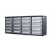 7 ft steel garage workbench cabinet with 20 drawers shown at angle