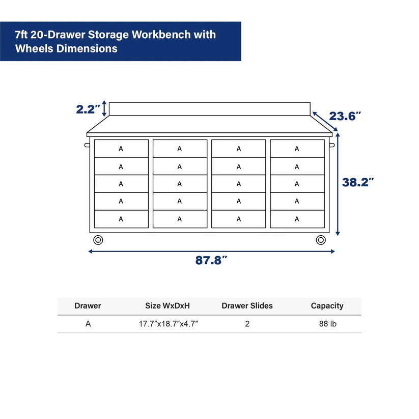 7ft 20-drawer rolling workbench dimensions chart with Chery Industrial specs