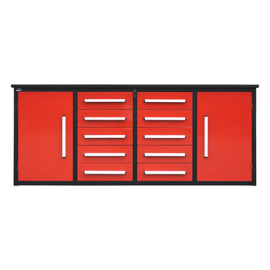 7ft Chery Industrial heavy duty workbench with 10 drawers and 2 cabinets in red