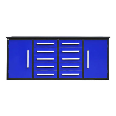 7ft Chery Industrial workbench with 10 drawers and 2 cabinets in blue finish