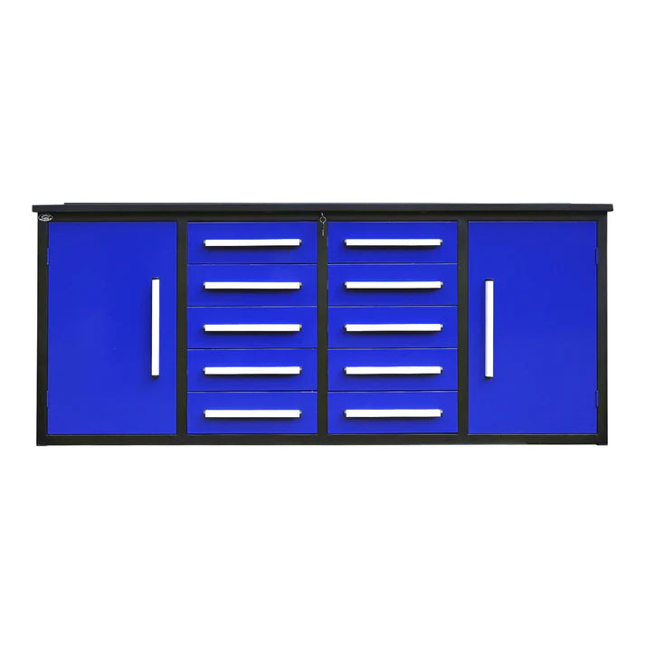 7ft Chery Industrial workbench with 10 drawers and 2 cabinets in blue finish