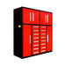 7ft red garage cabinet with 16 drawers from Chery Industrial shown in a perspective angle with doors and handles