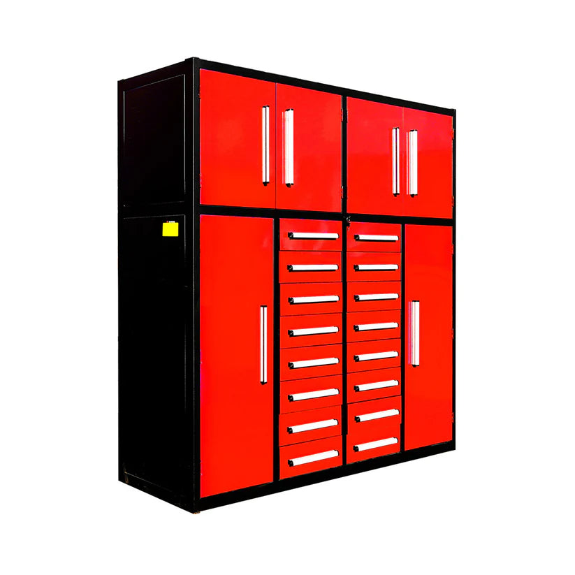 7ft red garage cabinet with 16 drawers from Chery Industrial shown in a perspective angle with doors and handles