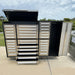 7ft stainless garage storage cabinet with open drawers and lift-up top compartment from Chery Industrial