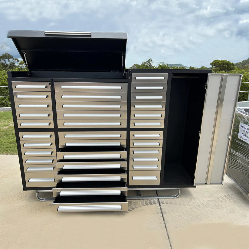 7ft stainless garage storage cabinet with open drawers and lift-up top compartment from Chery Industrial