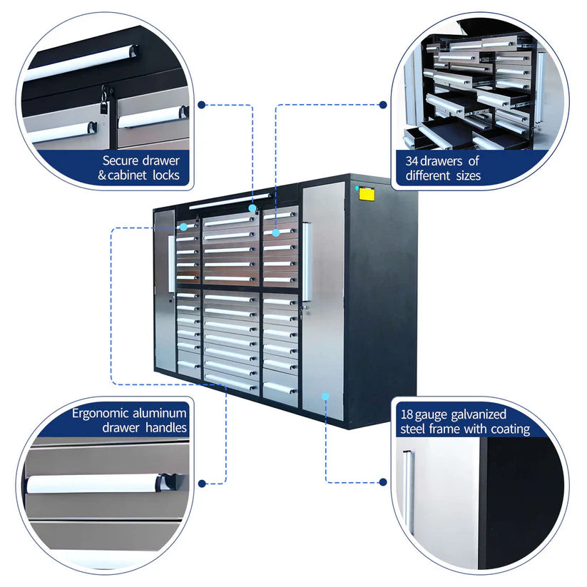 9ft 34 drawer garage cabinet by Chery Industrial infographic with secure locks aluminum handles and galvanized steel frame