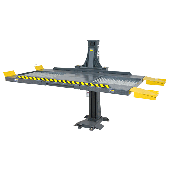 AMGO SPL-7 single post parking lift - side view with drive-on ramps