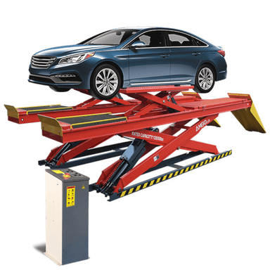 AMGO 12,000 lb Double Scissor Alignment Lift DX-12A with blue sedan raised on red platforms and yellow ramps