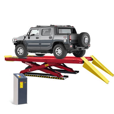 AMGO 16,000 lb Alignment Scissor Lift AX-16A with large SUV on red runways and yellow ramps