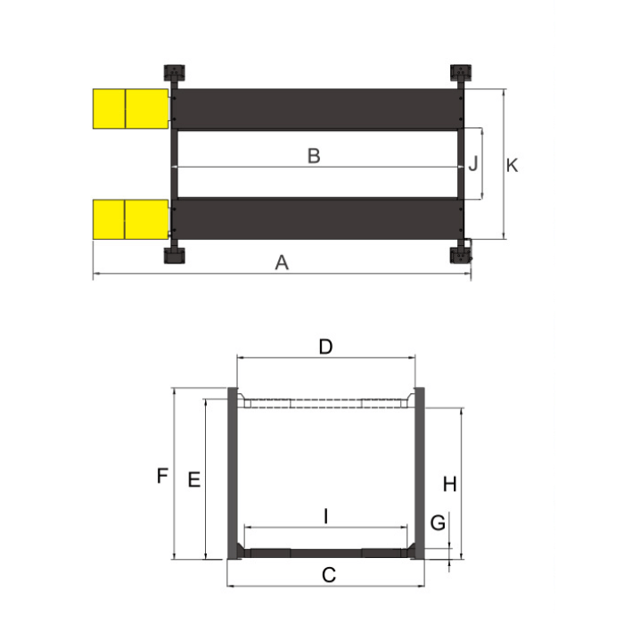 AMGO 407-P lift schematic with full platform, column, and runway measurements