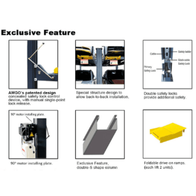 AMGO 407-P optional parts and exclusive lift features including ramps, jacks, and trays