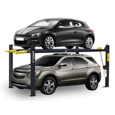 AMGO 408-HP 4 post lift holding SUV and car to demonstrate storage capability