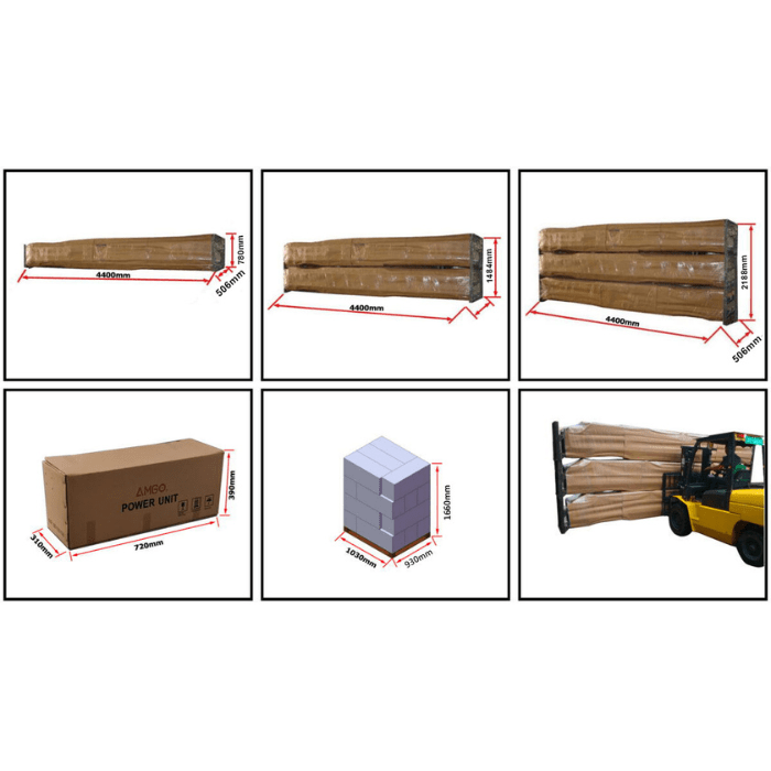 AMGO 408-HP 4 post lift shipping dimensions showing packaged runways, columns, and power unit